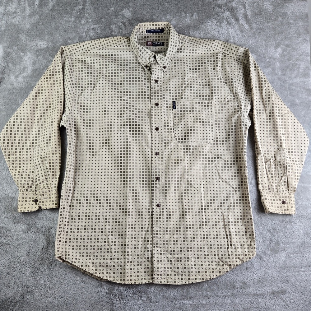 Vintage Chaps‎ Ralph Lauren Shirt Mens Large Beige Geometric Cotton Long Sleeve